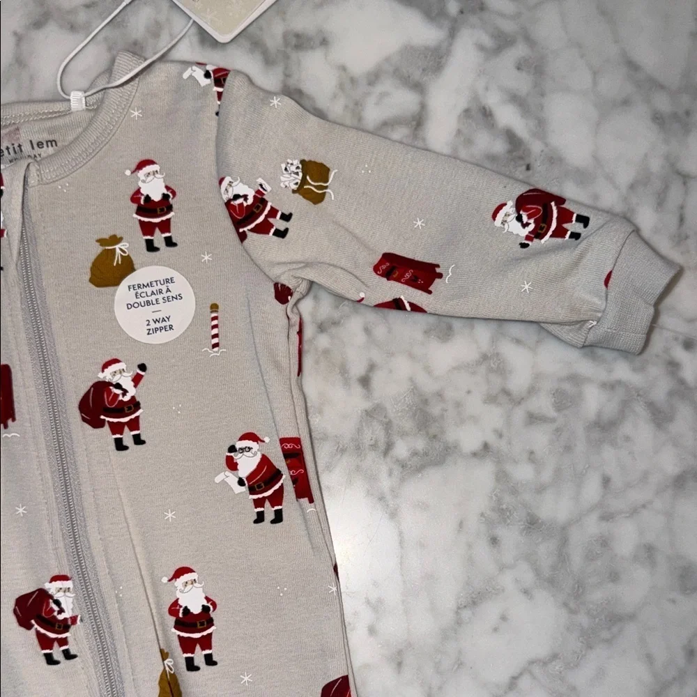 NWT Petit Lem Beige Santa Print Footie